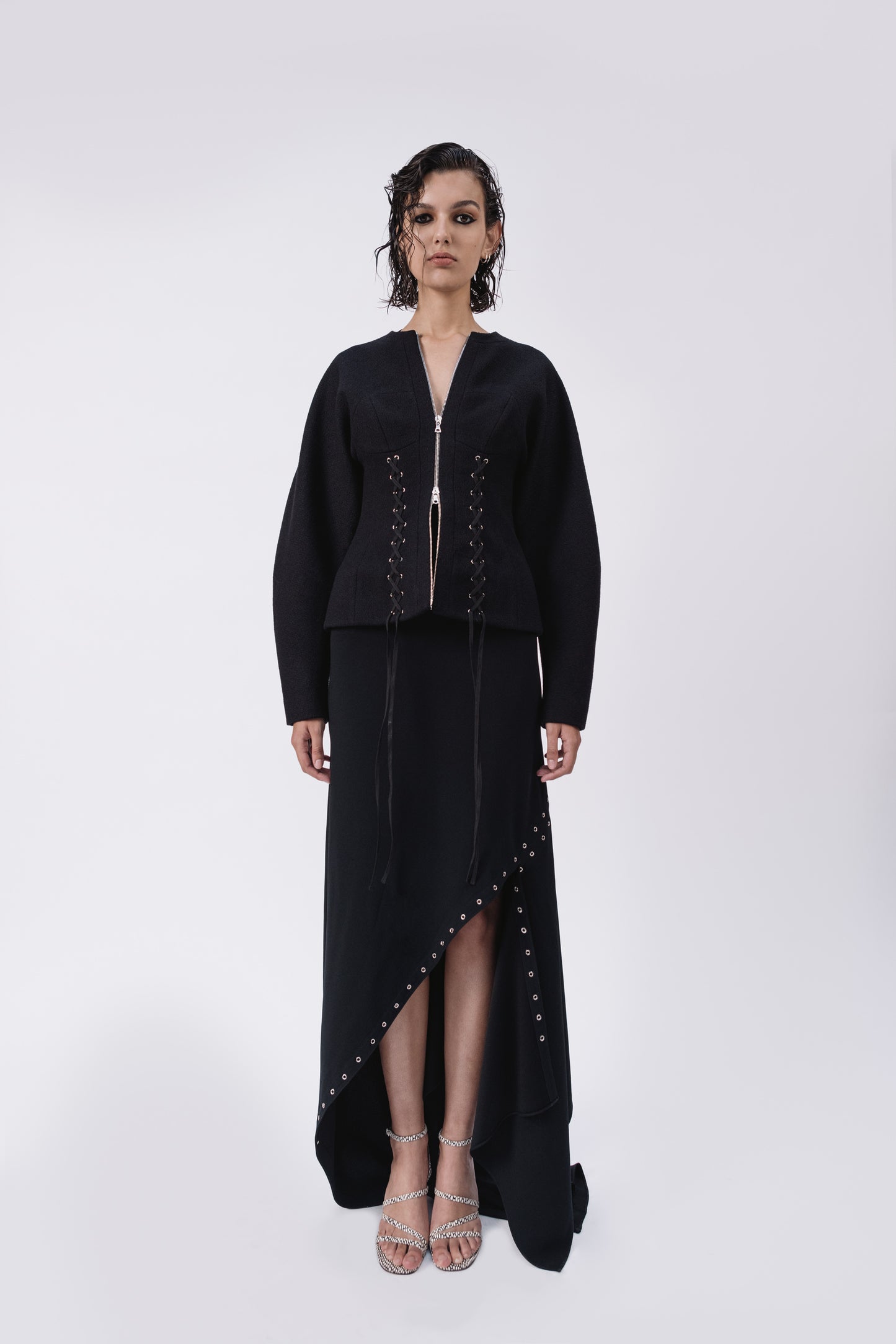 Trompe l'oeil Bustier Jacket in Black Bouclé