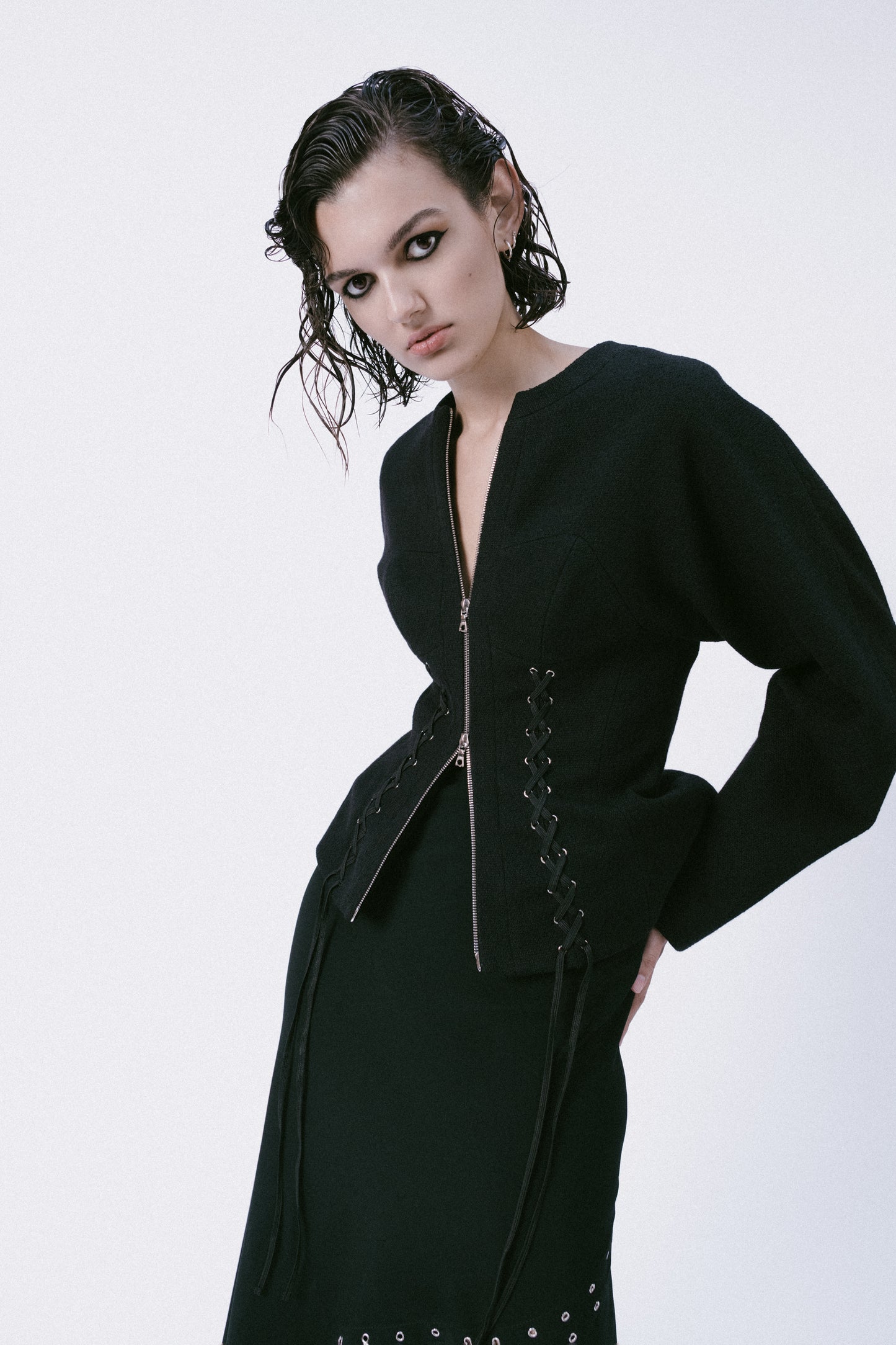 Trompe l'oeil Bustier Jacket in Black Bouclé