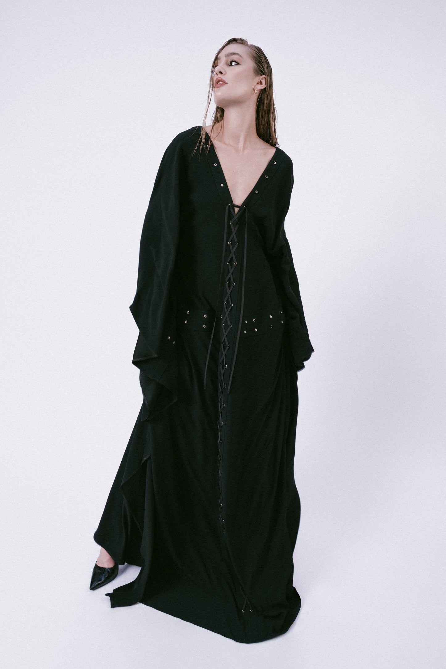 Crepe Caftan with Eyelets and Lacing