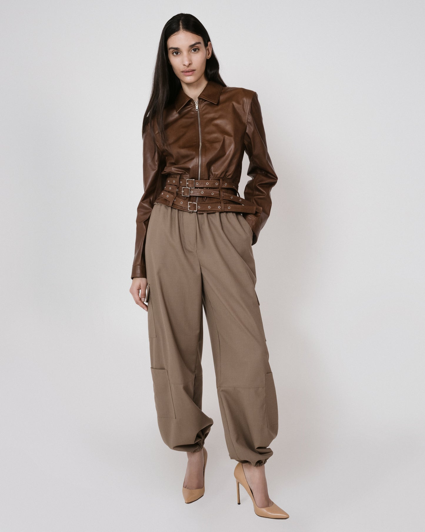 brown pants leather jacket