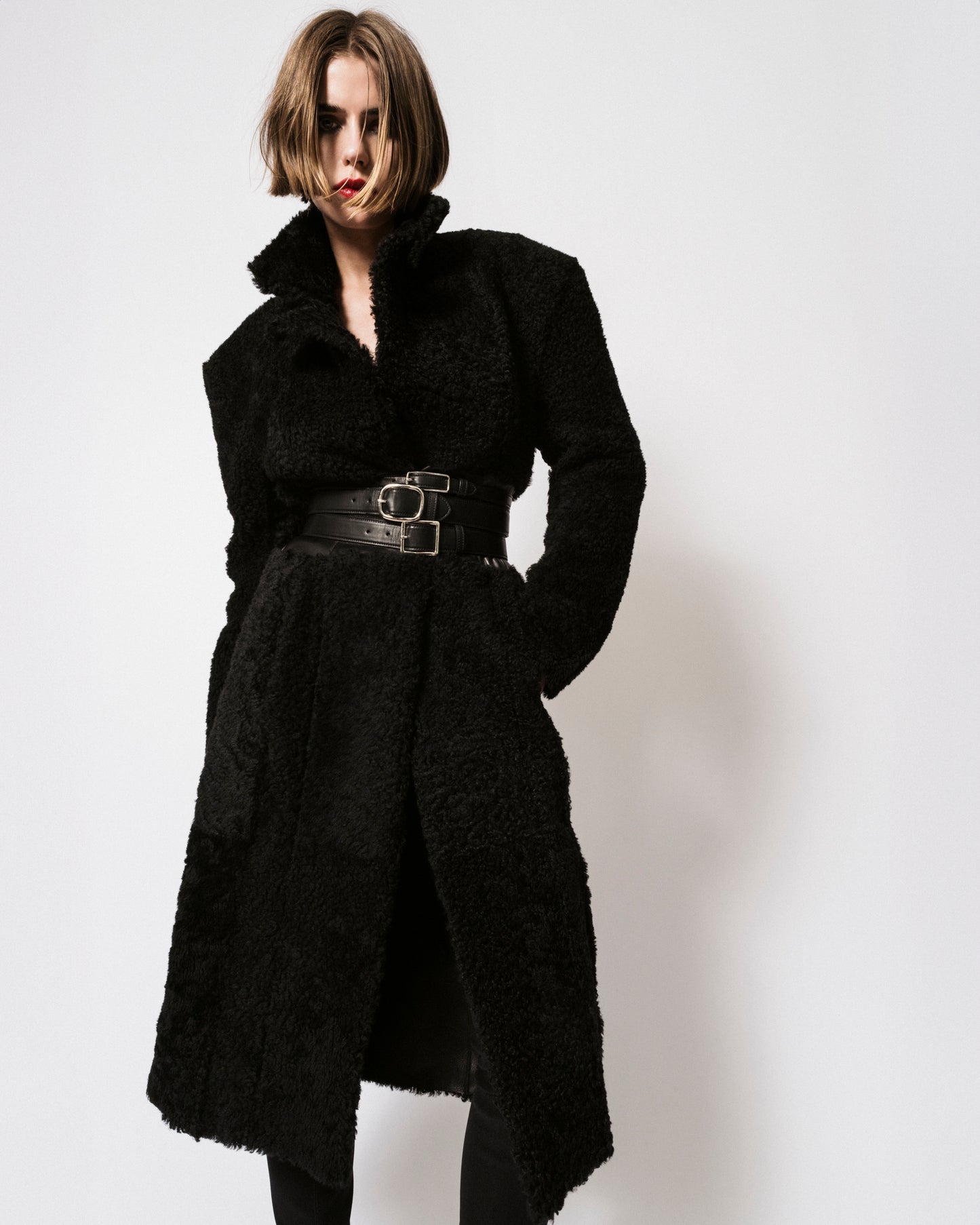 shearling coat with waist belt
