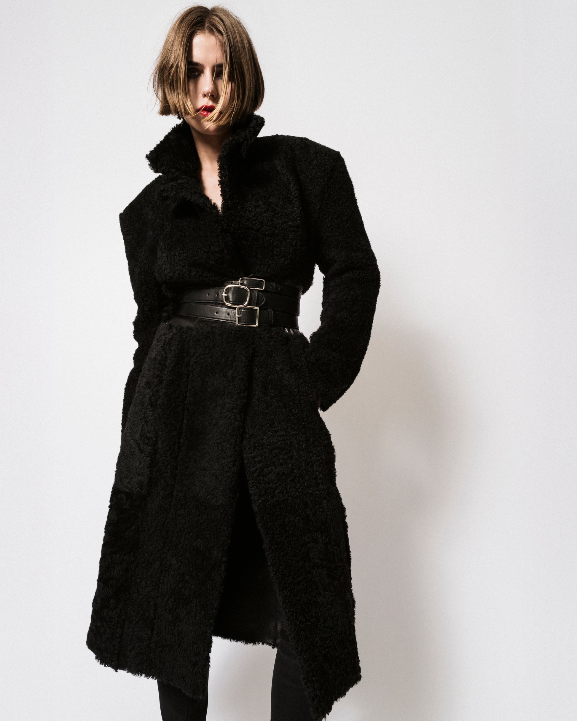 shearling coat with waist belt