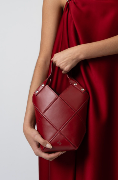 red mini tote with silver rivets