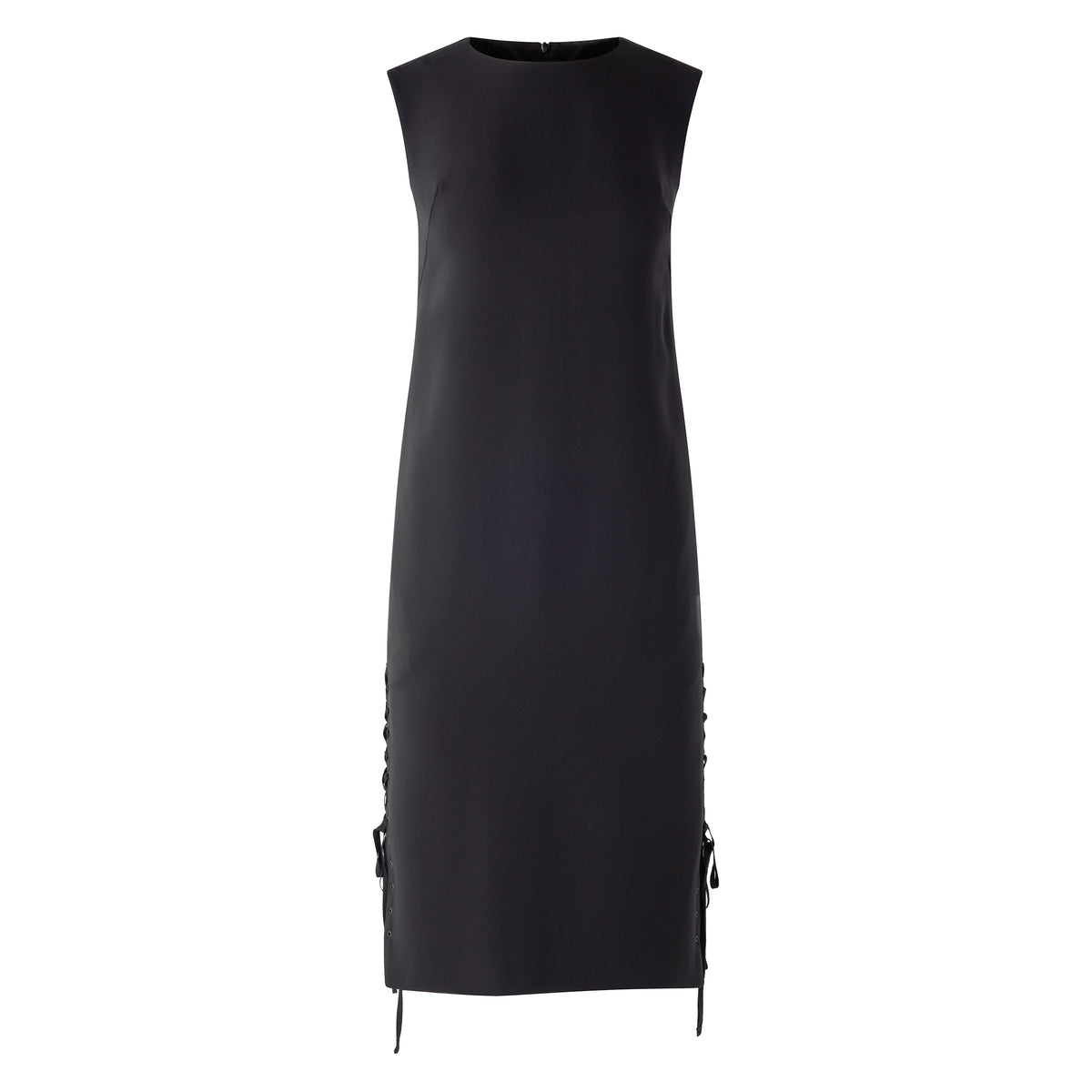 black shift dress with lace-up detail