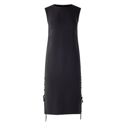 black shift dress with lace-up detail