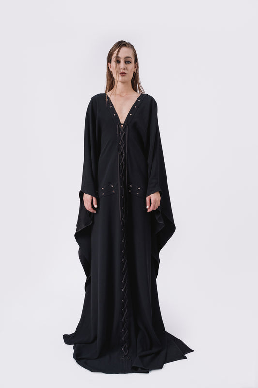 Crepe Caftan with Eyelets and Lacing