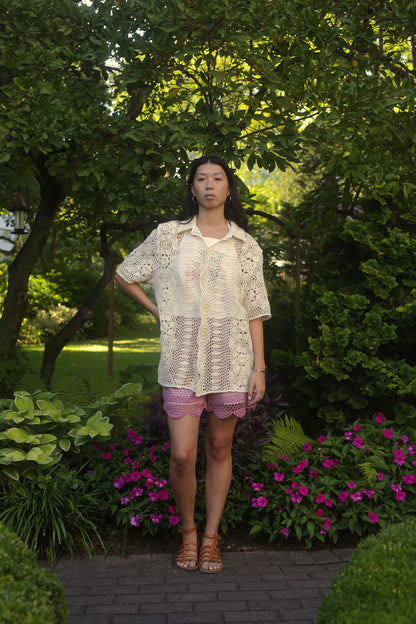 model wearing Cream crochet button down shirt