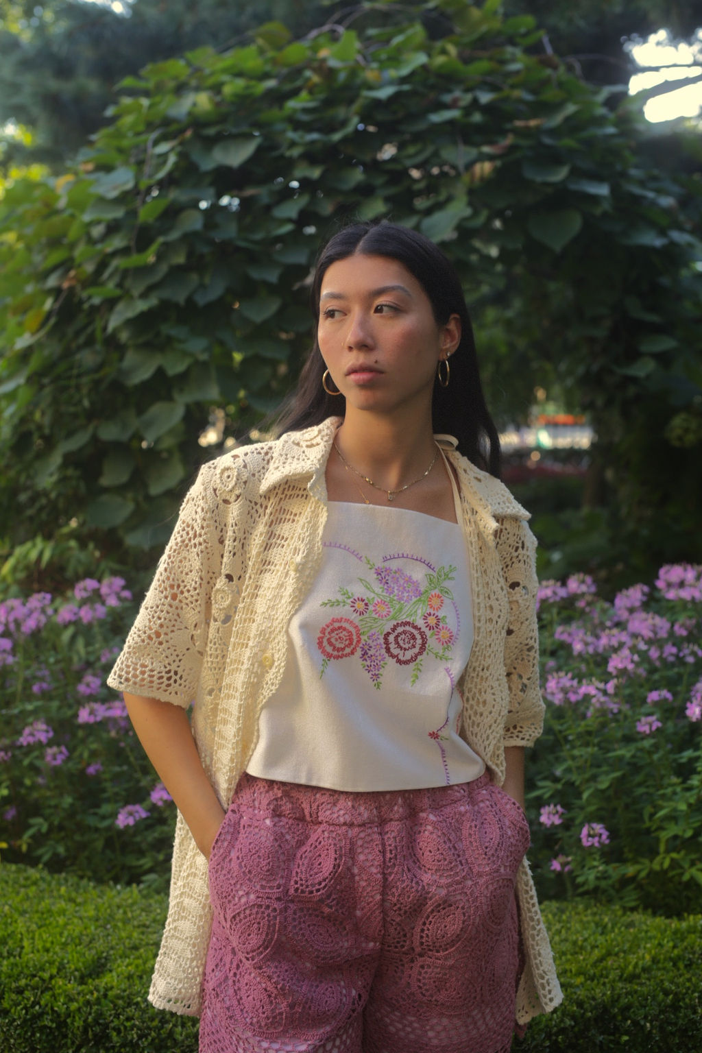 model wearing Cream crochet button down shirt