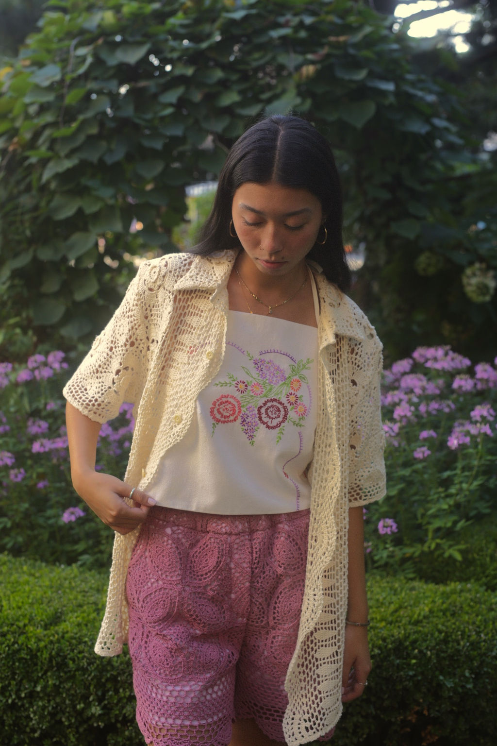 model wearing Cream crochet button down shirt