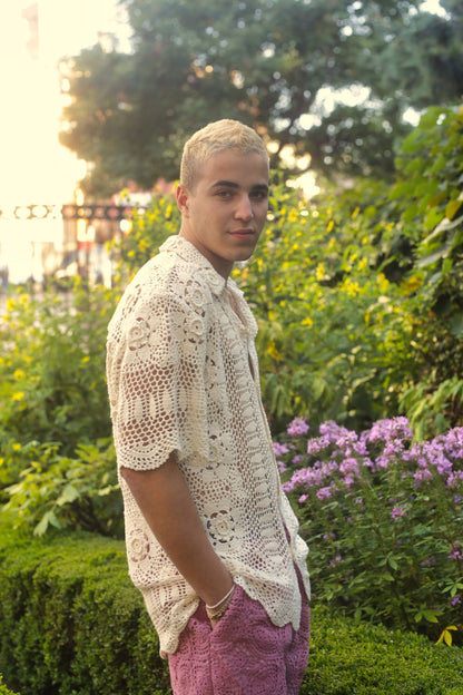 model wearing Cream crochet button down shirt