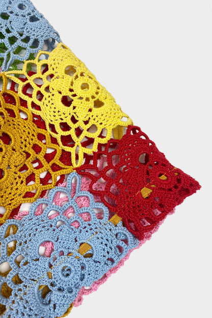 detail of rainbow crochet button down shirt